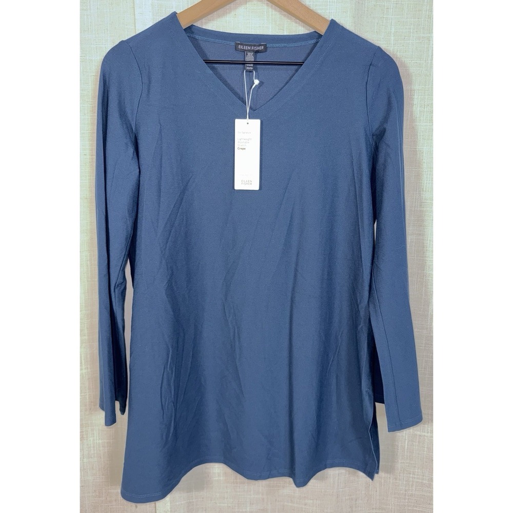 NWT Eileen Fisher Top Women's XS Blue Lightweight Crepe Tunic VNeck Stretch $178